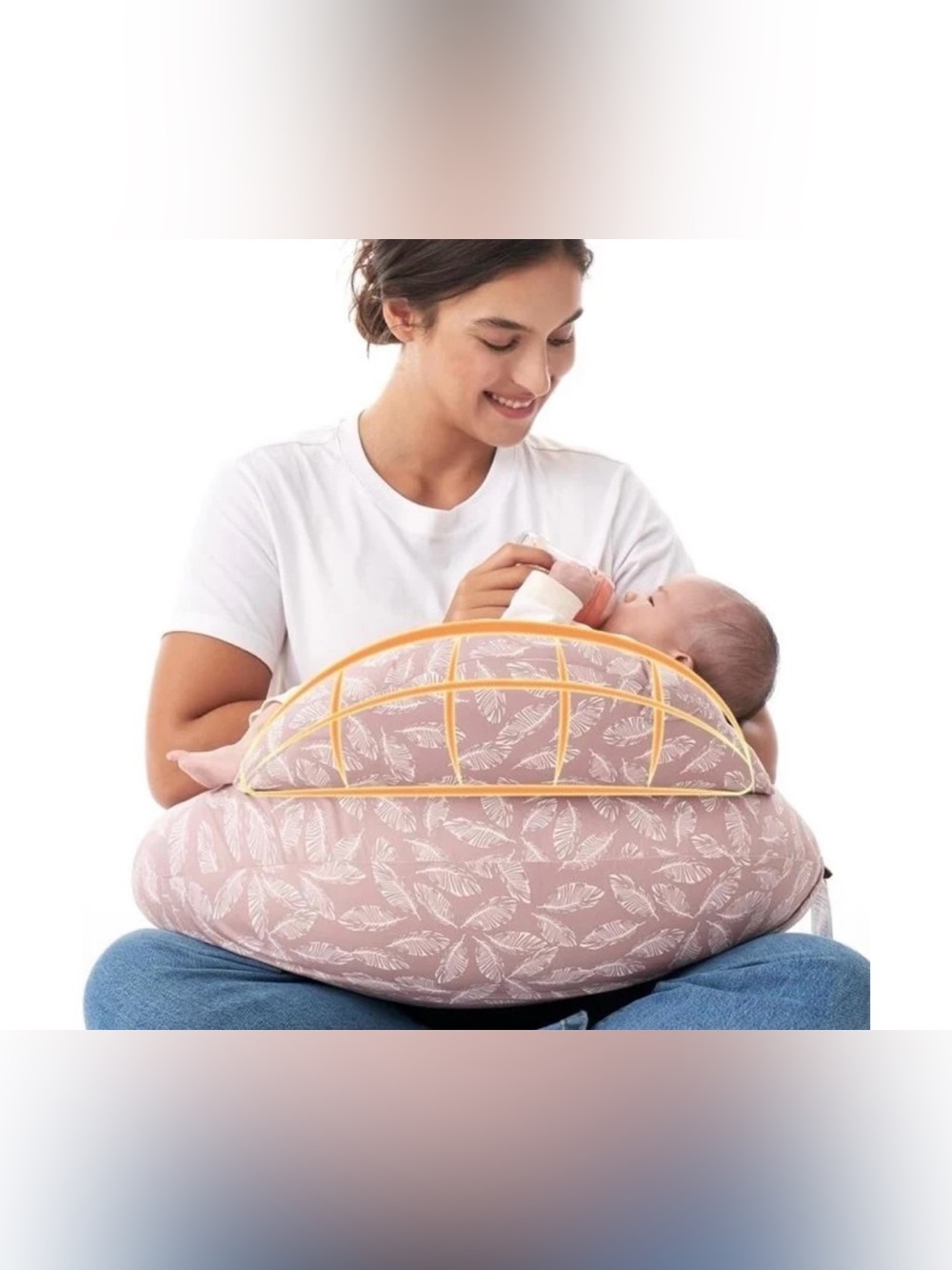 Nursing Pillow with Baby Support - Pink Feather Print